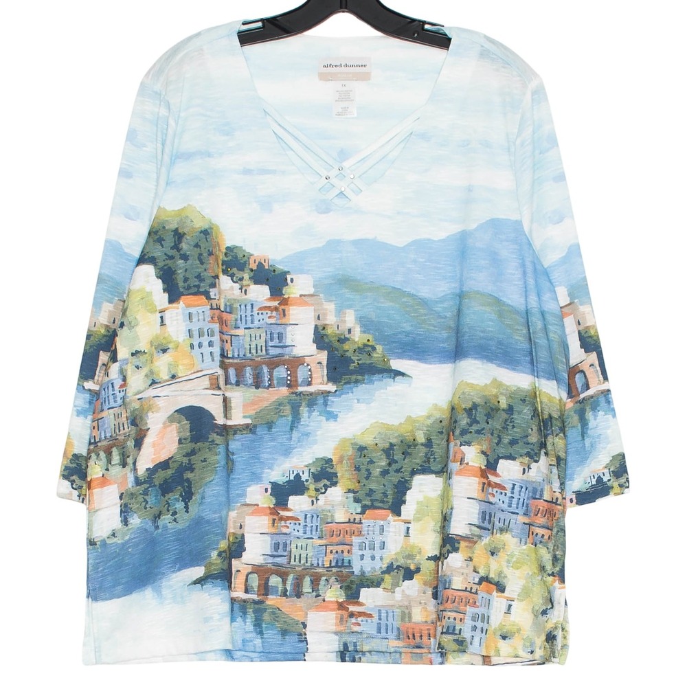 Alfred Dunner Plus Size 1X Top 3/4 Sleeve Vacation Scenic‎ Embellished Coastal